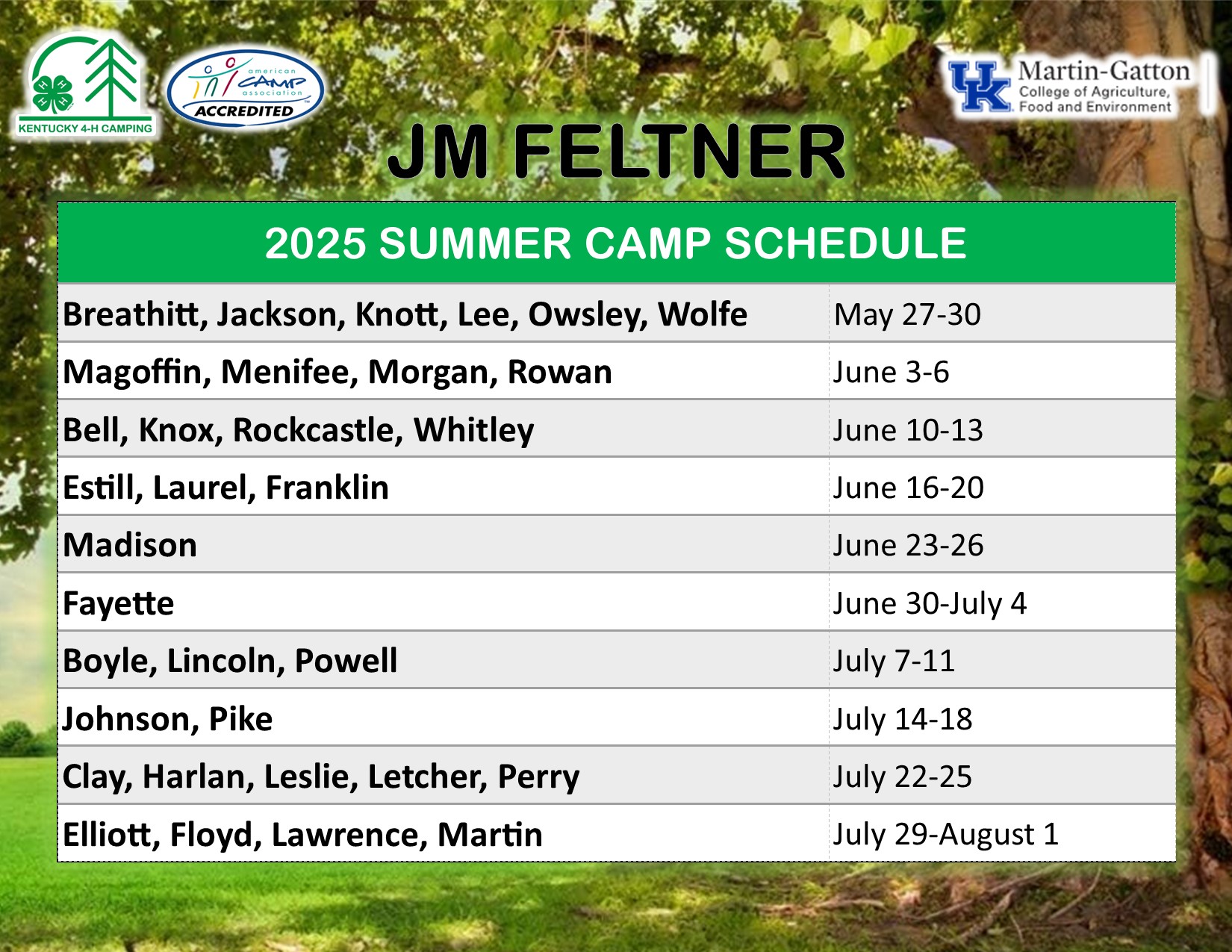 2025 Camp Schedule - JM Feltner 4-H Camp