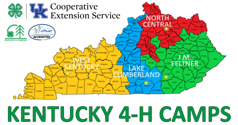 Color-coded map showing what camps serve each county in Kentucky.